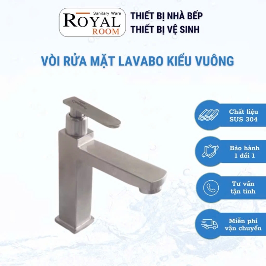 Vòi Rửa Mặt Lavabo 2 Tấc Đúc Liền Kiểu Vuông Bằng Inox 304 Hàng Chính Hãng ROYALROOM